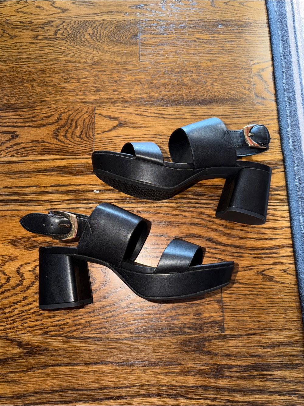 AEROSOLES Black Platform Block Heel Sandals with Gold Buckle